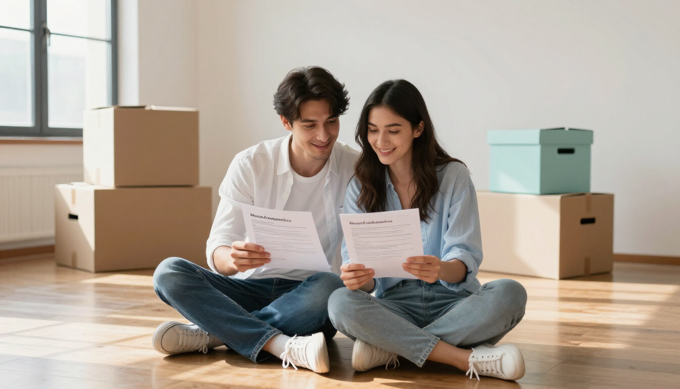 Pareja joven revisando documentos financieros en su nuevo hogar