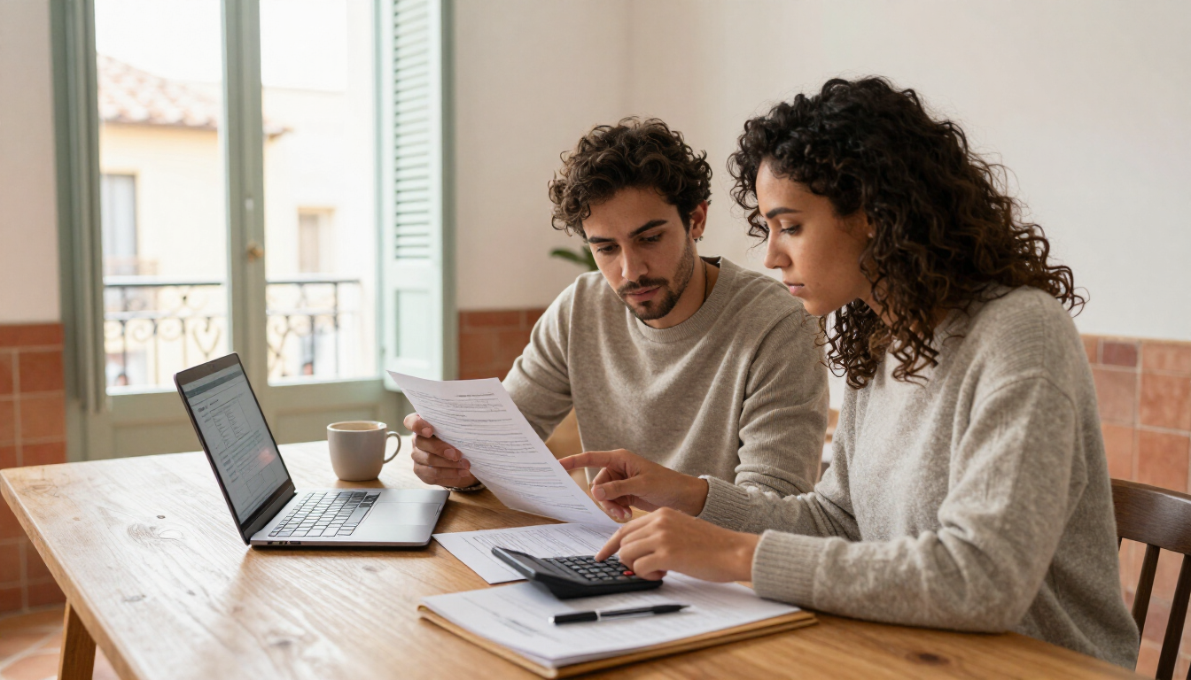 Pareja consultando una guía de ayudas para comprar vivienda en Cataluña
