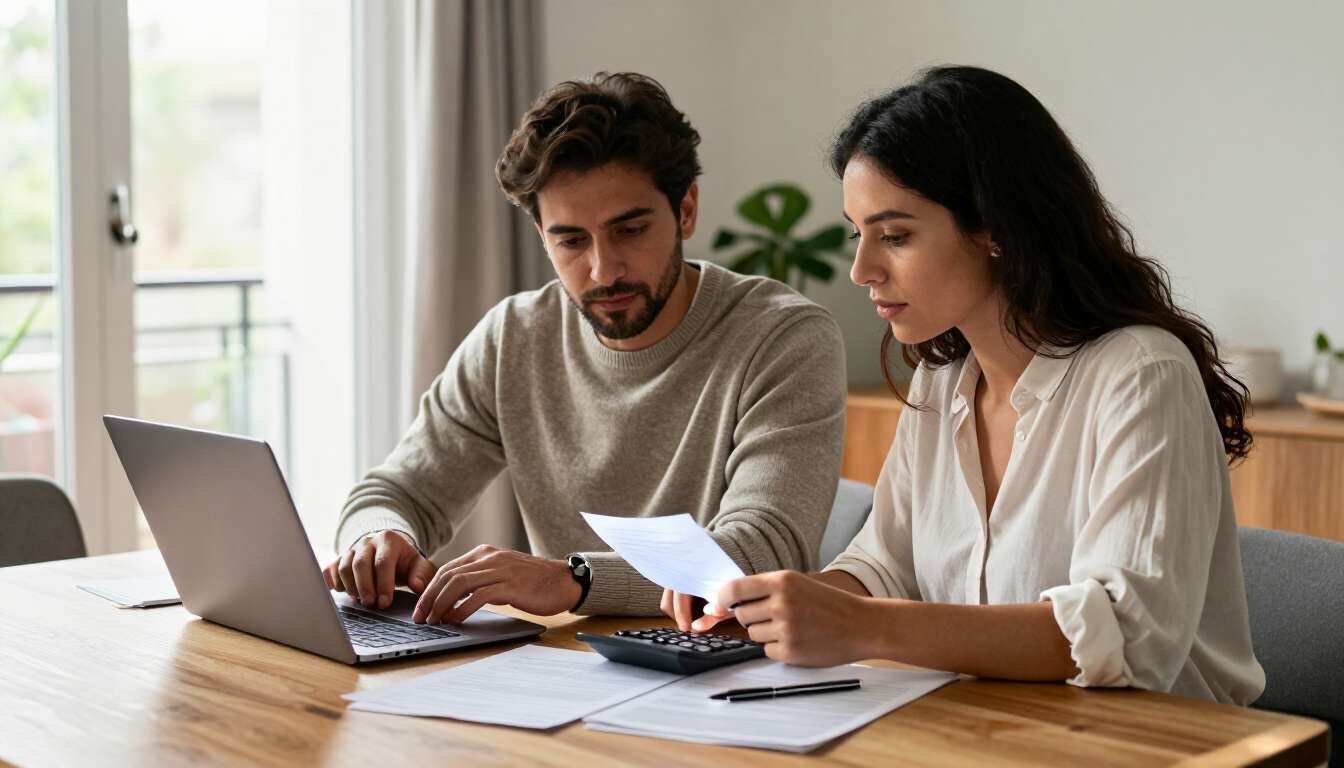 Pareja calculando la cuota de una hipoteca y el ahorro necesario para comprar vivienda