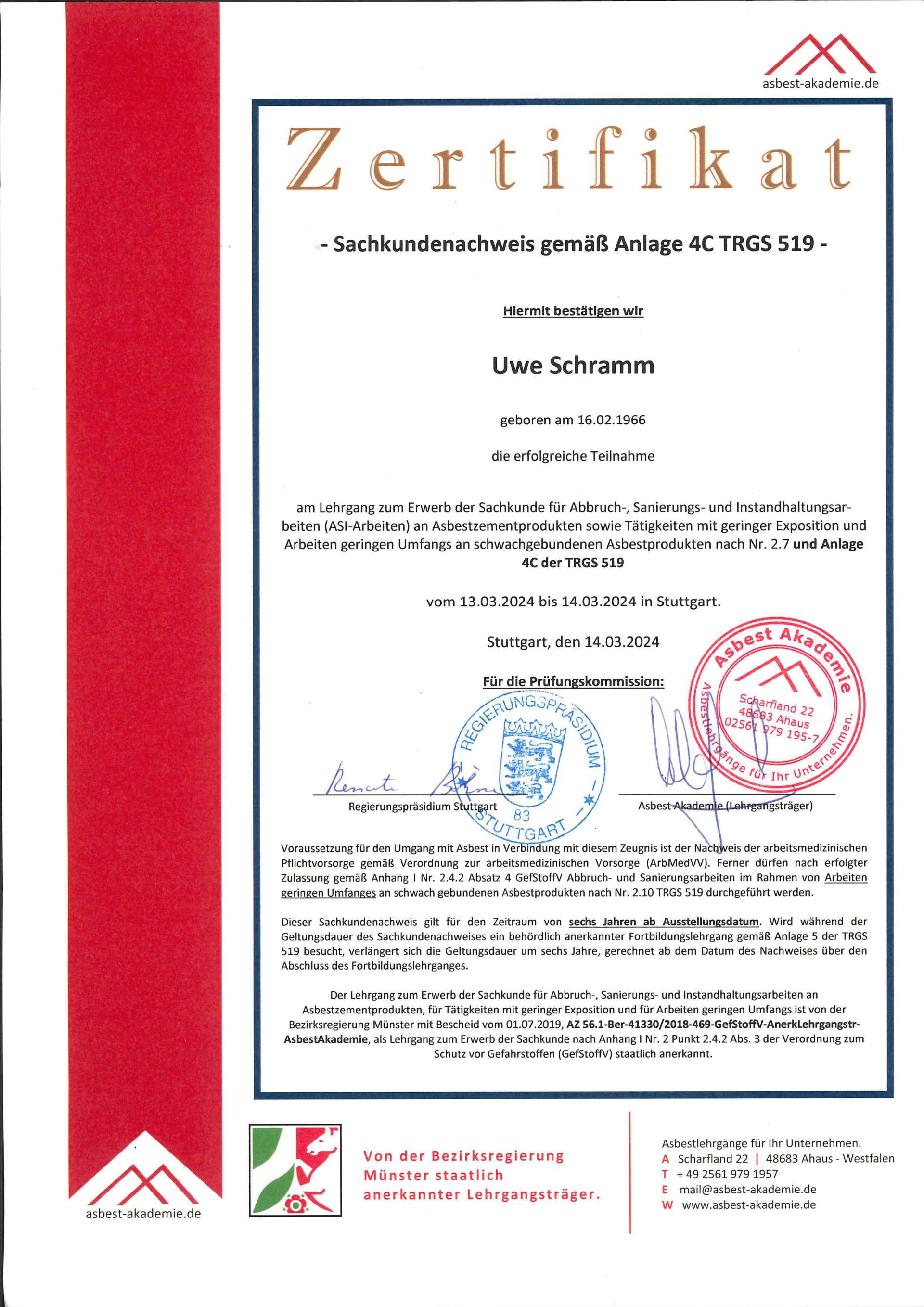 Zertifikat für Uwe Schramm