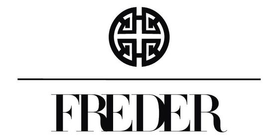 Logotipo para Freder con un diseño circular sobre el nombre de la marca, separado por una línea horizontal.