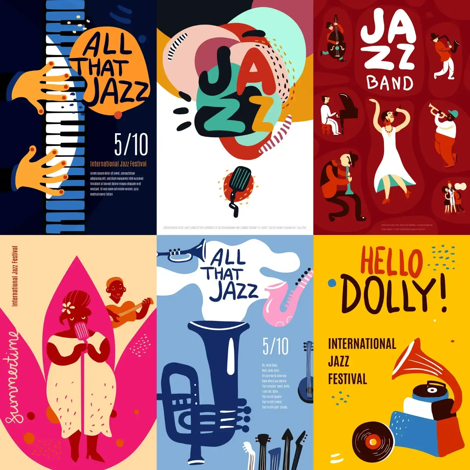 Un collage de seis carteles para un festival de jazz.