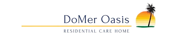 Logotipo de DoMer Oasis con palmera, sol naranja y texto "Residencia de ancianos".