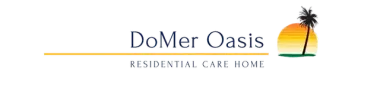 Logotipo de DoMer Oasis con palmera, sol naranja y texto "Residencia de ancianos".