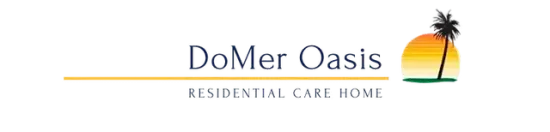 Logotipo de DoMer Oasis con palmera, sol naranja y texto "Residencia de ancianos".
