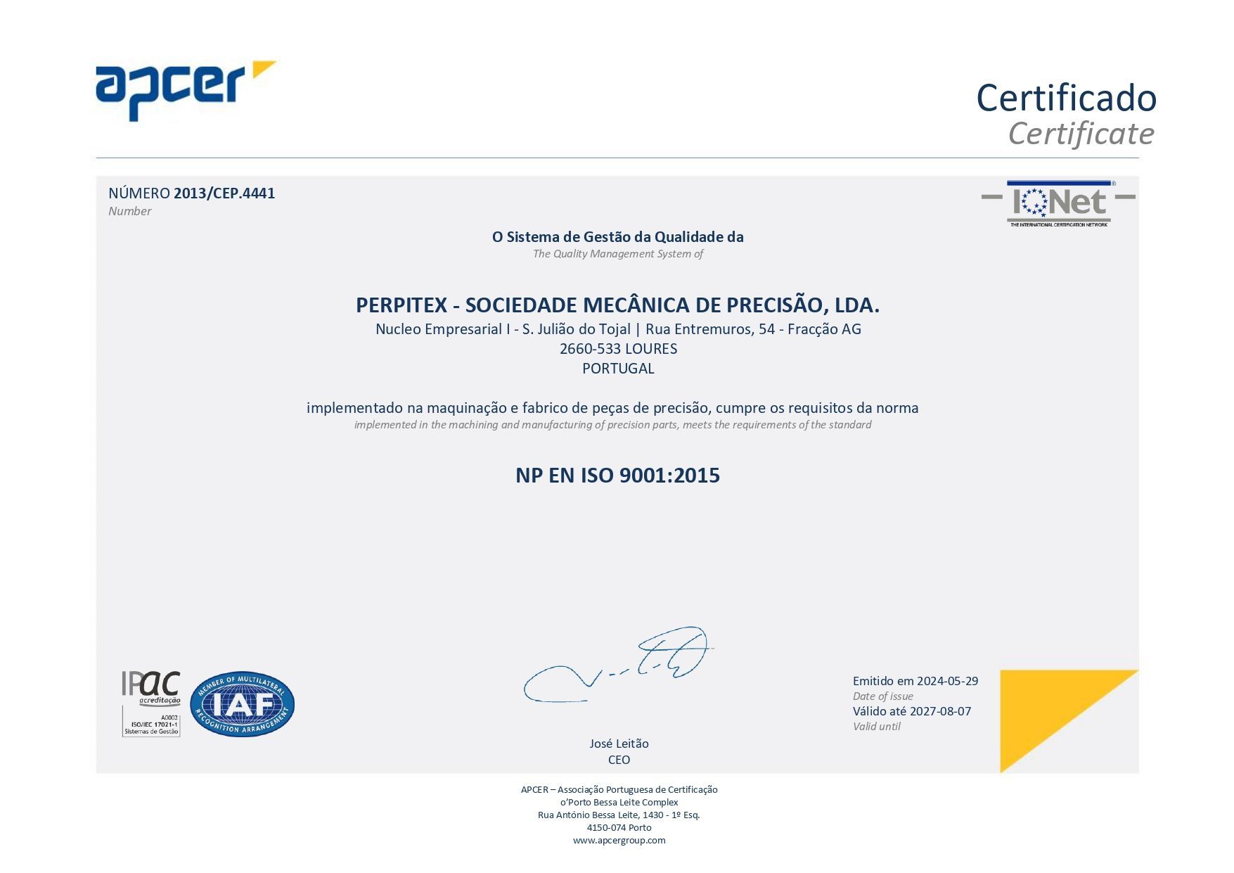 Um certificado com a palavra apcer nele