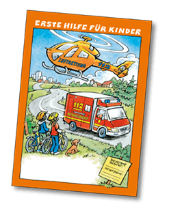 A cartoon of a helicopter and an ambulance says erste hilfe fur kinder