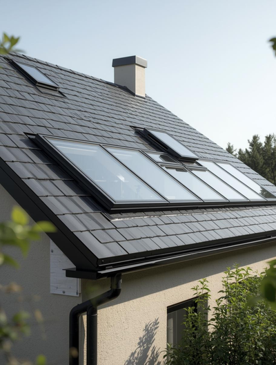 Maison avec toit de tuiles foncées, puits de lumière, cheminée et panneaux solaires.