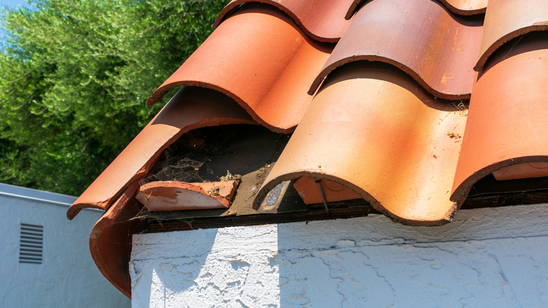 Gros plan sur un toit de style espagnol recouvert de tuiles en terre cuite orange.