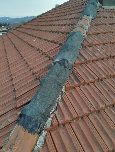 Toiture en tuiles avec une crête grise et patinée. Tuiles orange disposées en rangées.