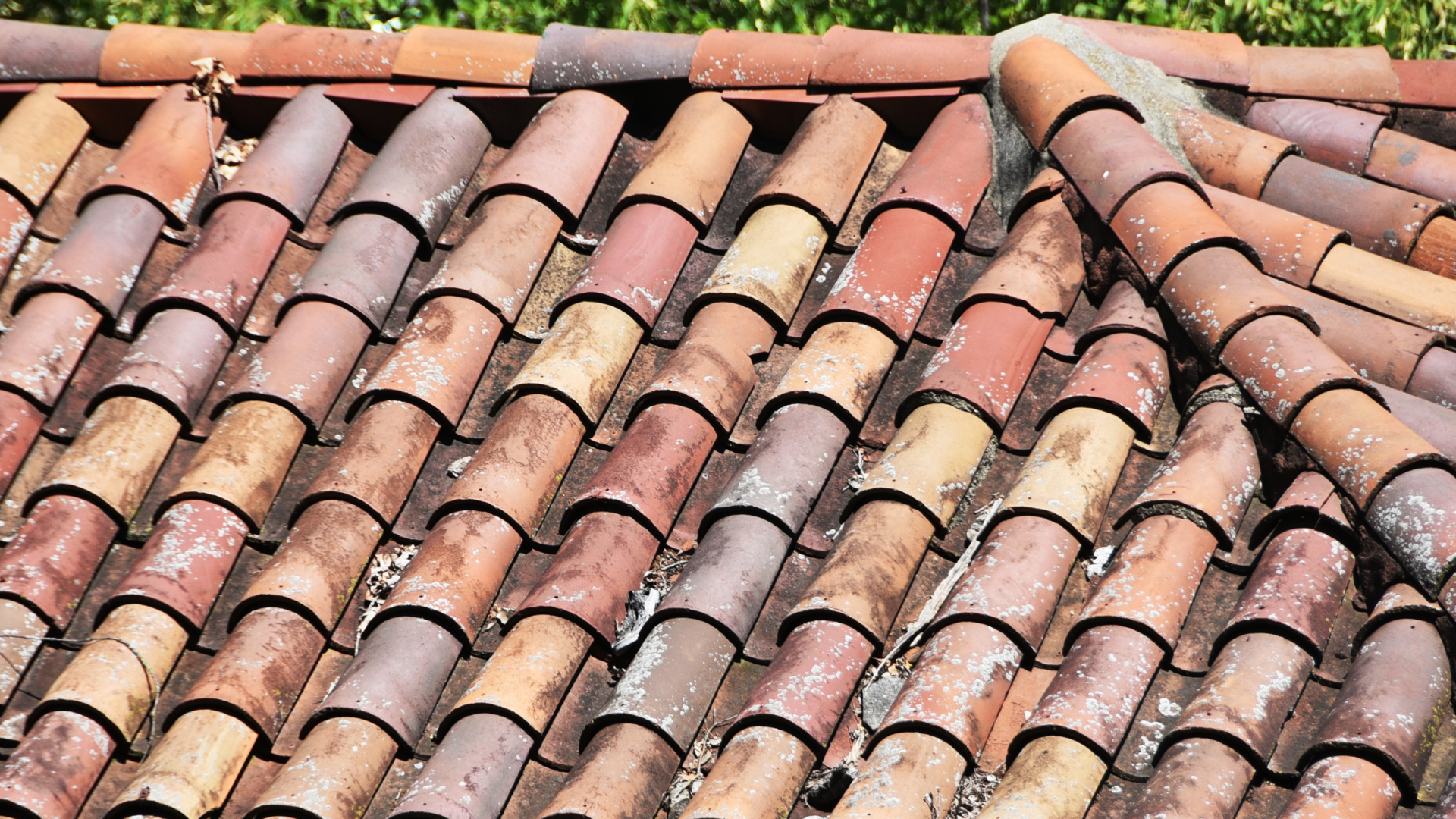 Gros plan sur un toit de tuiles en terre cuite rouge patiné, aux nuances de couleurs variées.