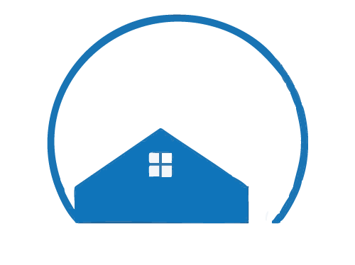 Silhouette d'une maison bleue à l'intérieur d'un cercle bleu ; fond blanc.