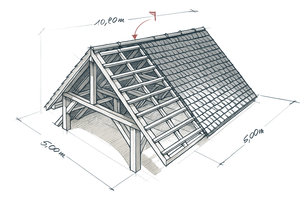 Schéma d'un hangar à ossature bois avec les dimensions suivantes.