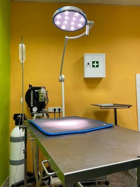 Un quirófano con una mesa de acero inoxidable y una lámpara quirúrgica.