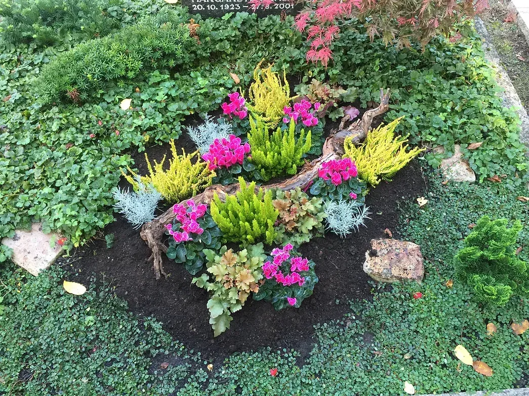 Grabpflege mit Blumen und Grünpflanzen auf dem Friedhof