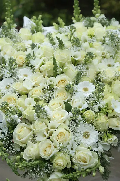 Blumenstrauß mit weißen Rosen und Schleierkraut