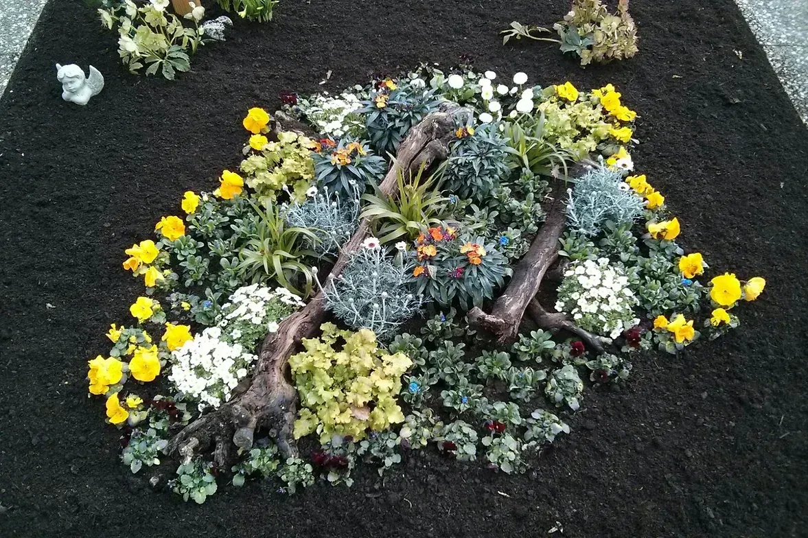 Bepflanzung eines Grabes mit Blumen und Gestecken