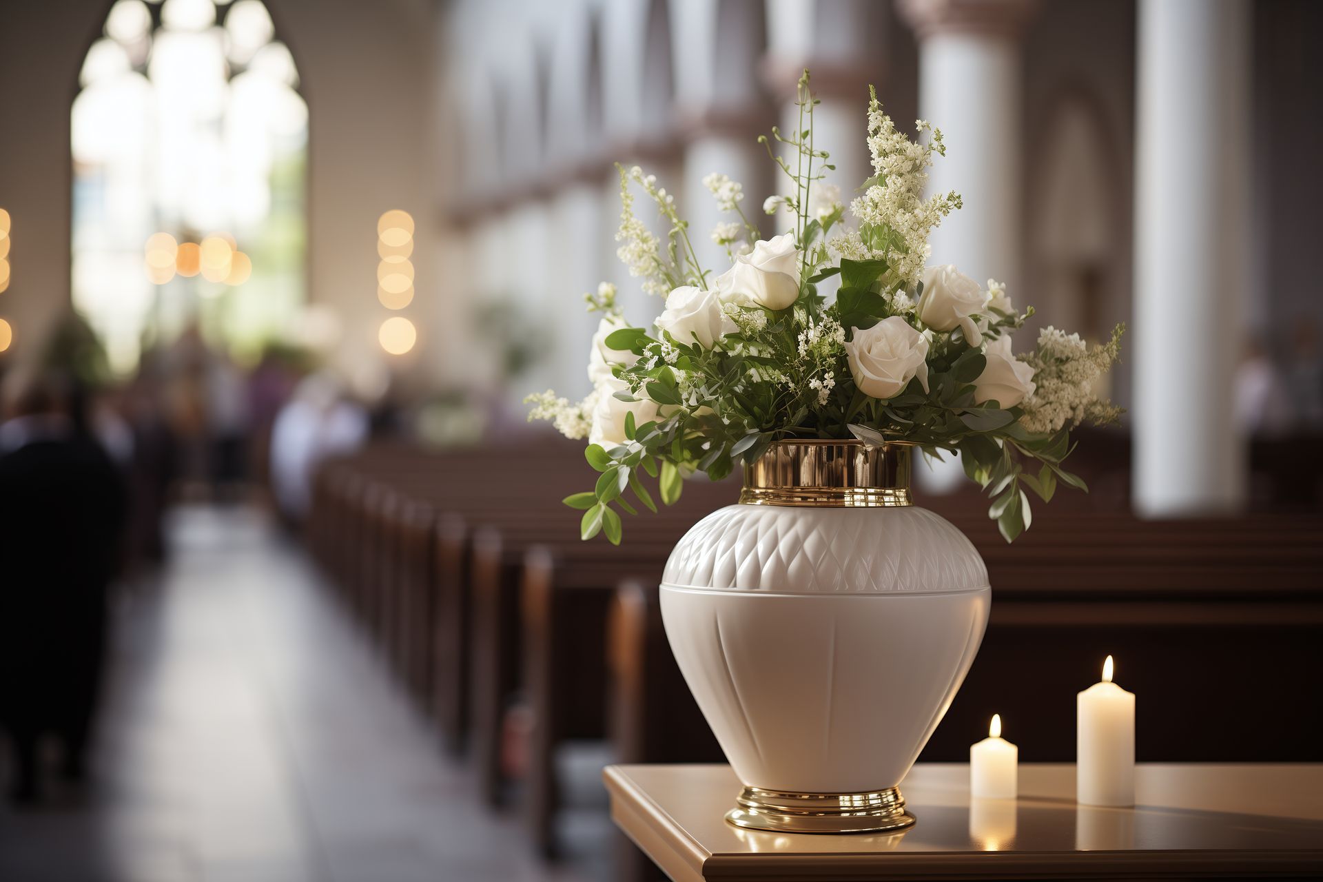 Vase mit Blumen in einer Kirche