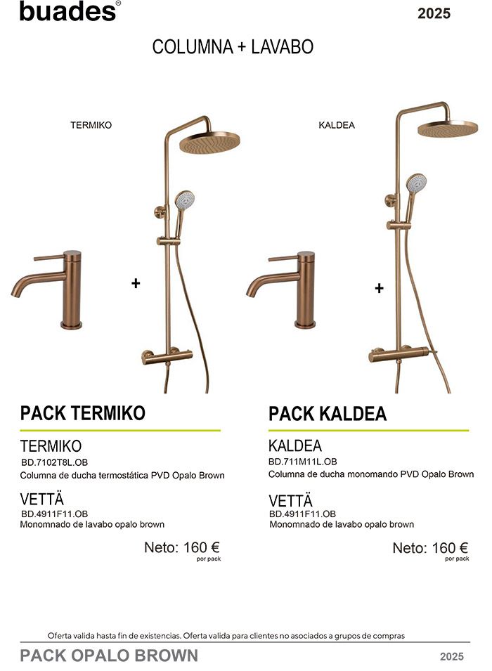 Columnas de ducha y grifería en color marrón; el texto enumera dos 