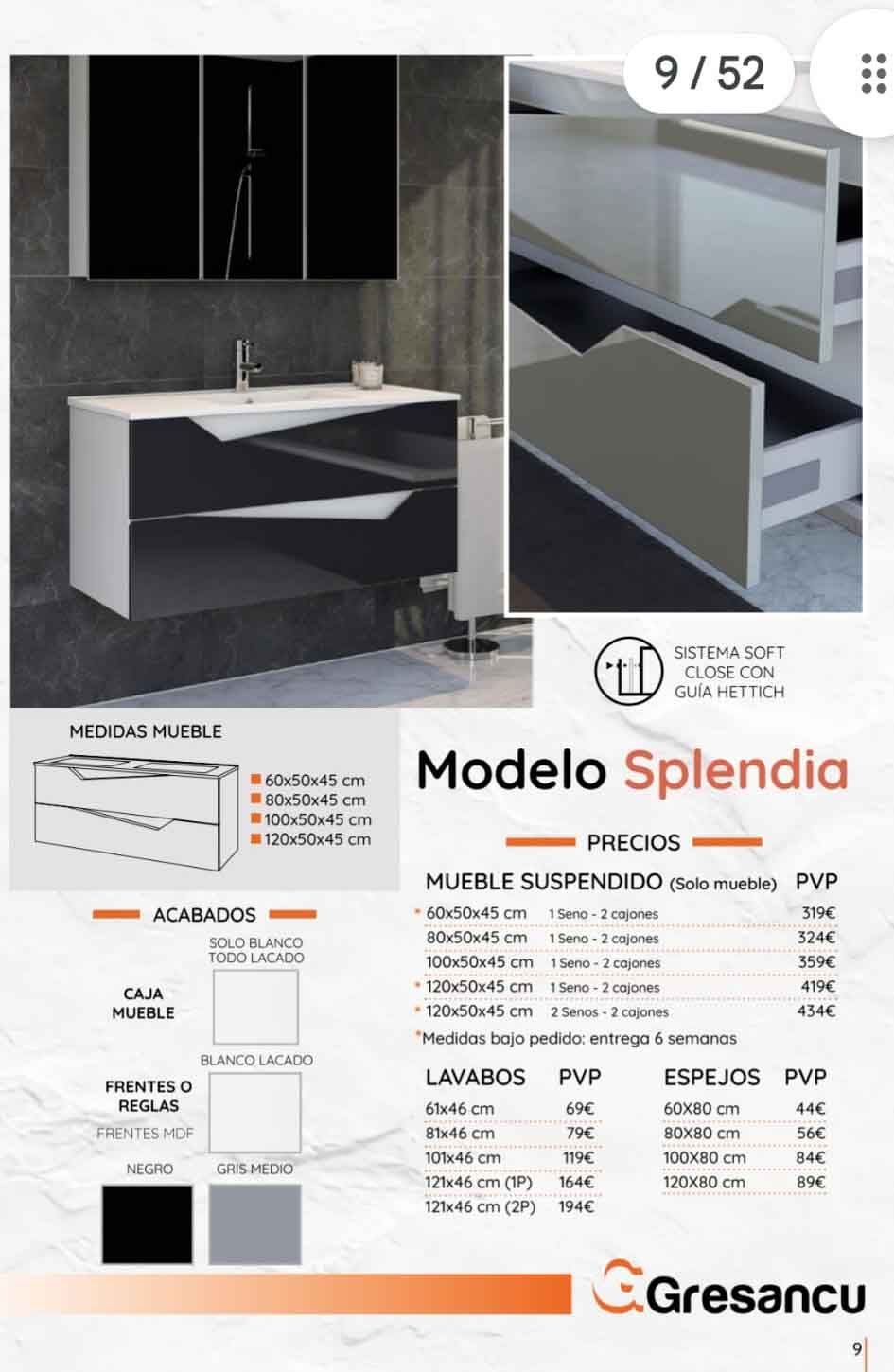 Un folleto para un mueble de baño con lavabo y espejo.