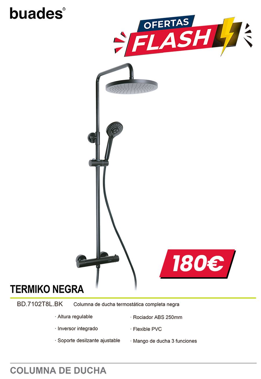 Anuncio promocional de una columna de ducha negra, marcada como “ofertas flash” y con un precio de 180€.