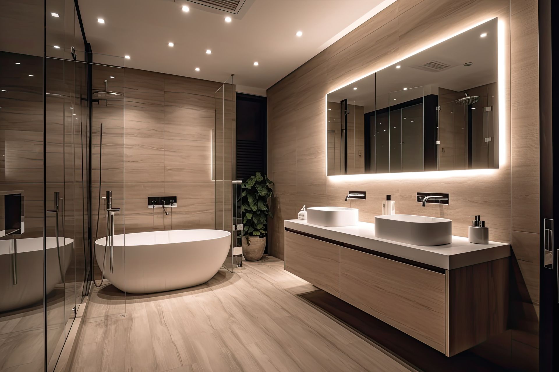 Salle de bains de luxe avec miroir et pare baignoire