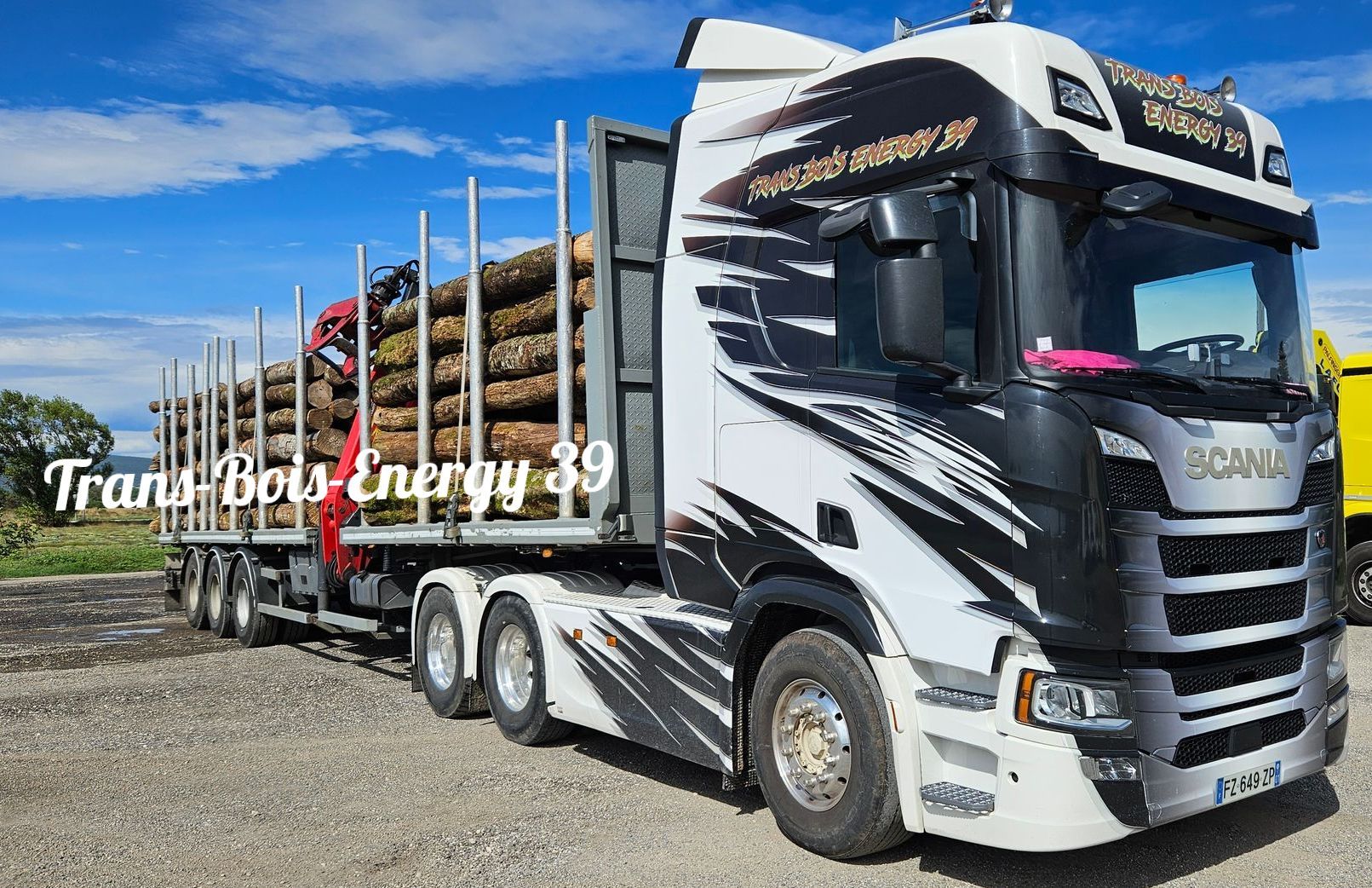 Camion Scania blanc et noir chargé de grumes.