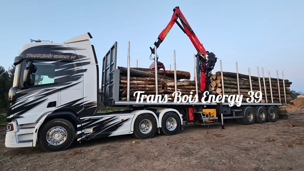 Camion forestier blanc et noir avec une grue chargeant des grumes à l'extérieur.