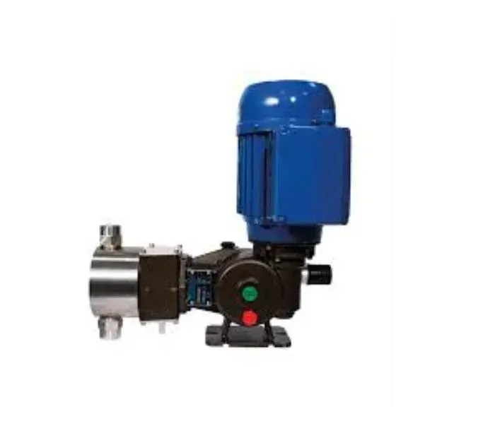 Bomba industrial de color azul y plata con motor eléctrico, montada sobre base negra.