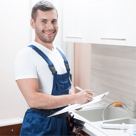 Ein Mann im blauen Overall schreibt in einer Küche auf einem Klemmbrett.