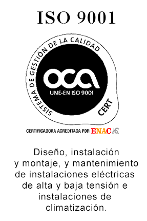 Logotipo de certificación ISO 9001. Diseño, instalación y mantenimiento de sistemas eléctricos y de climatización (HVAC).