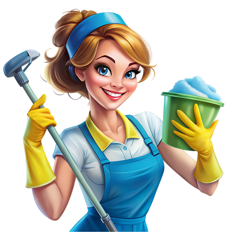 Femme de ménage souriante en uniforme bleu avec balai et seau vert d'eau savonneuse.
