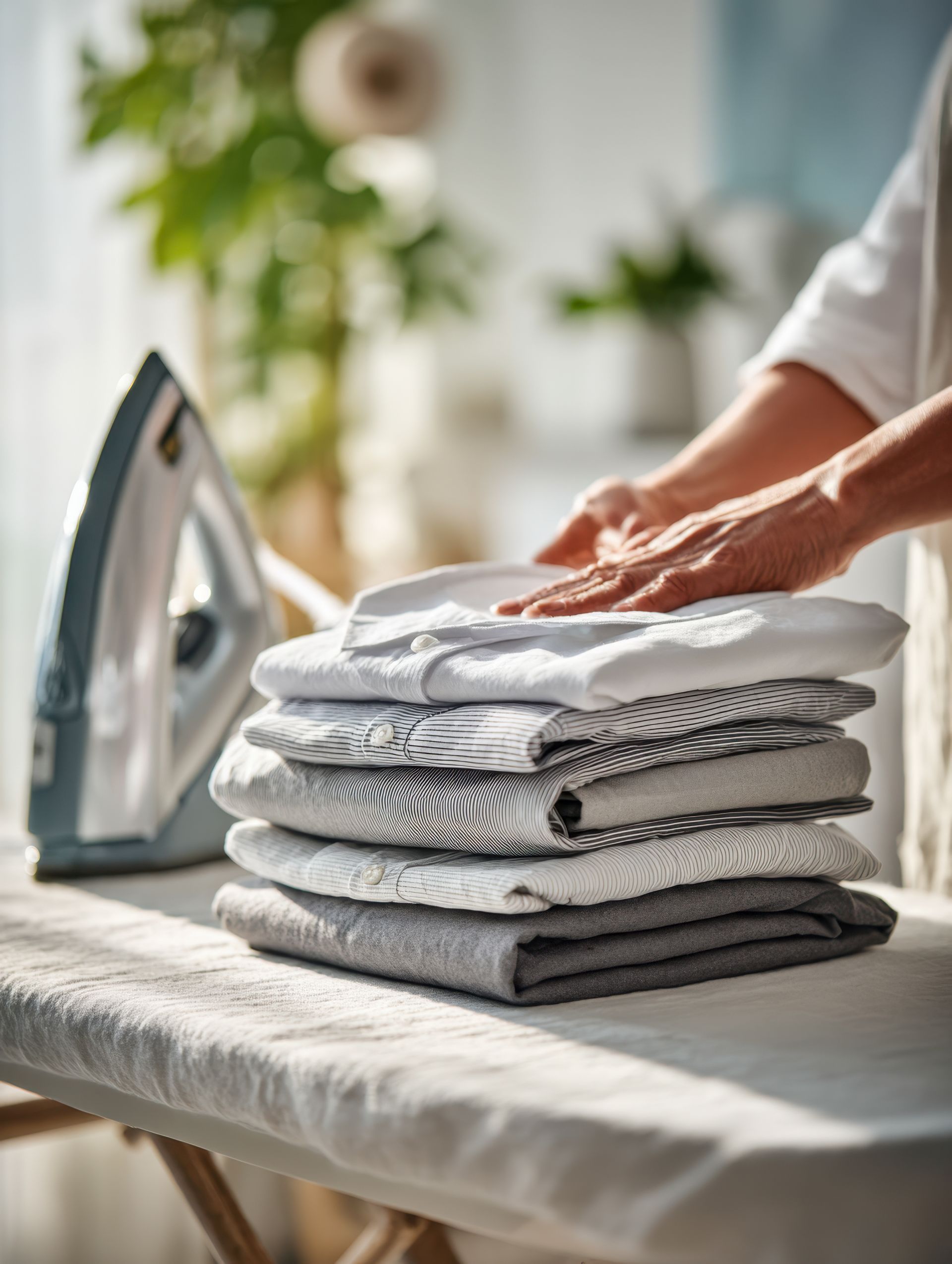 Des mains plient du linge blanc à côté d'un fer à repasser sur une table à repasser.