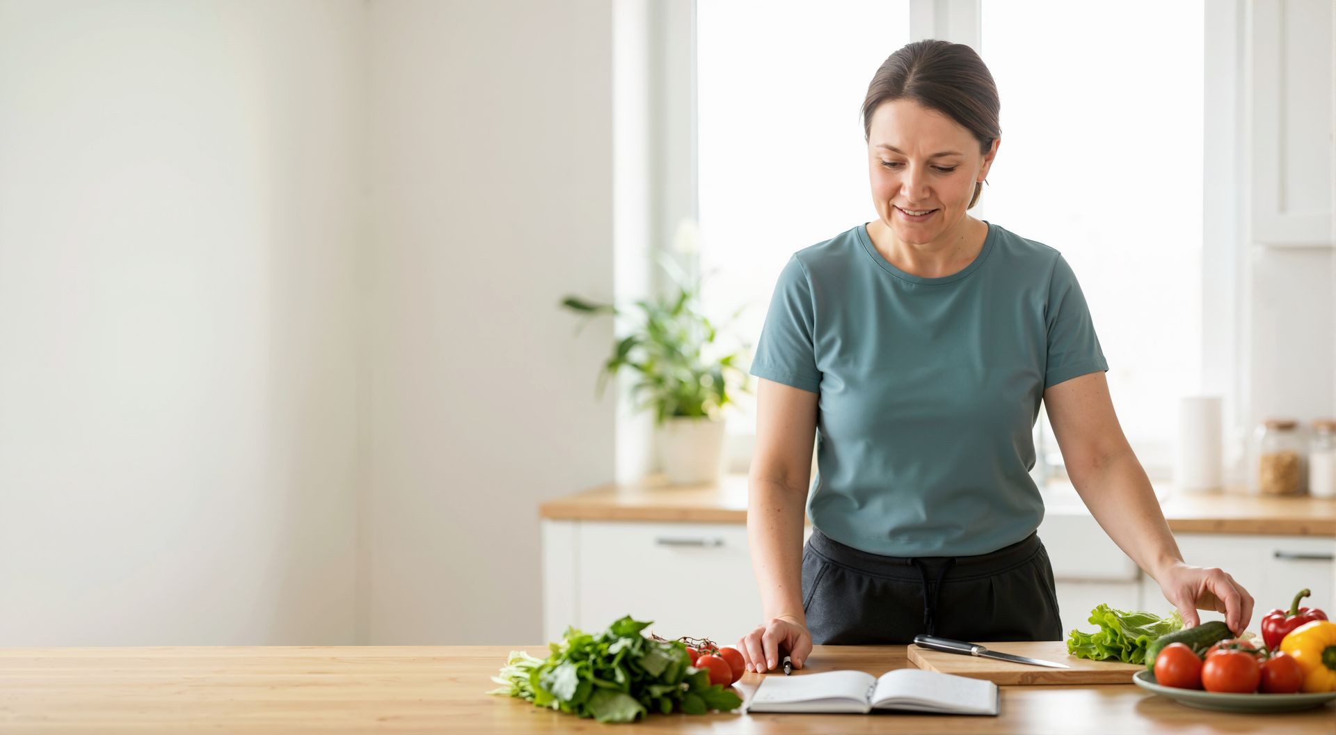Une femme prépare des légumes sur le plan de travail de sa cuisine, avec de la salade, des tomates et un livre de cuisine à proximité.