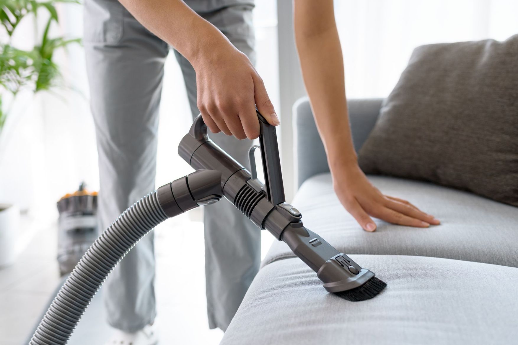 L'embout de l'aspirateur nettoie un coussin de canapé gris dans un salon lumineux.