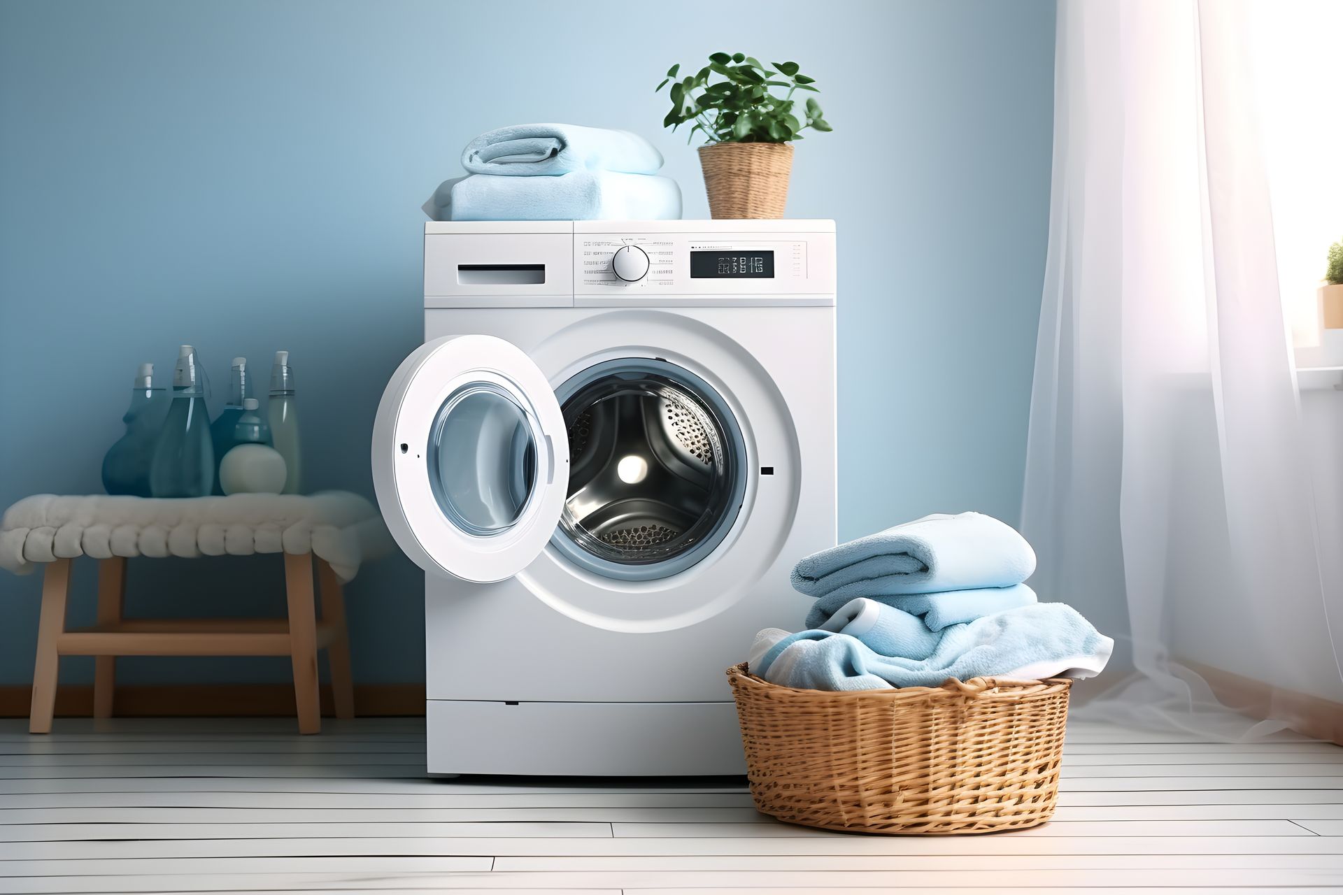 Buanderie avec lave-linge à chargement frontal, serviettes pliées dans un panier et une plante en pot dessus.