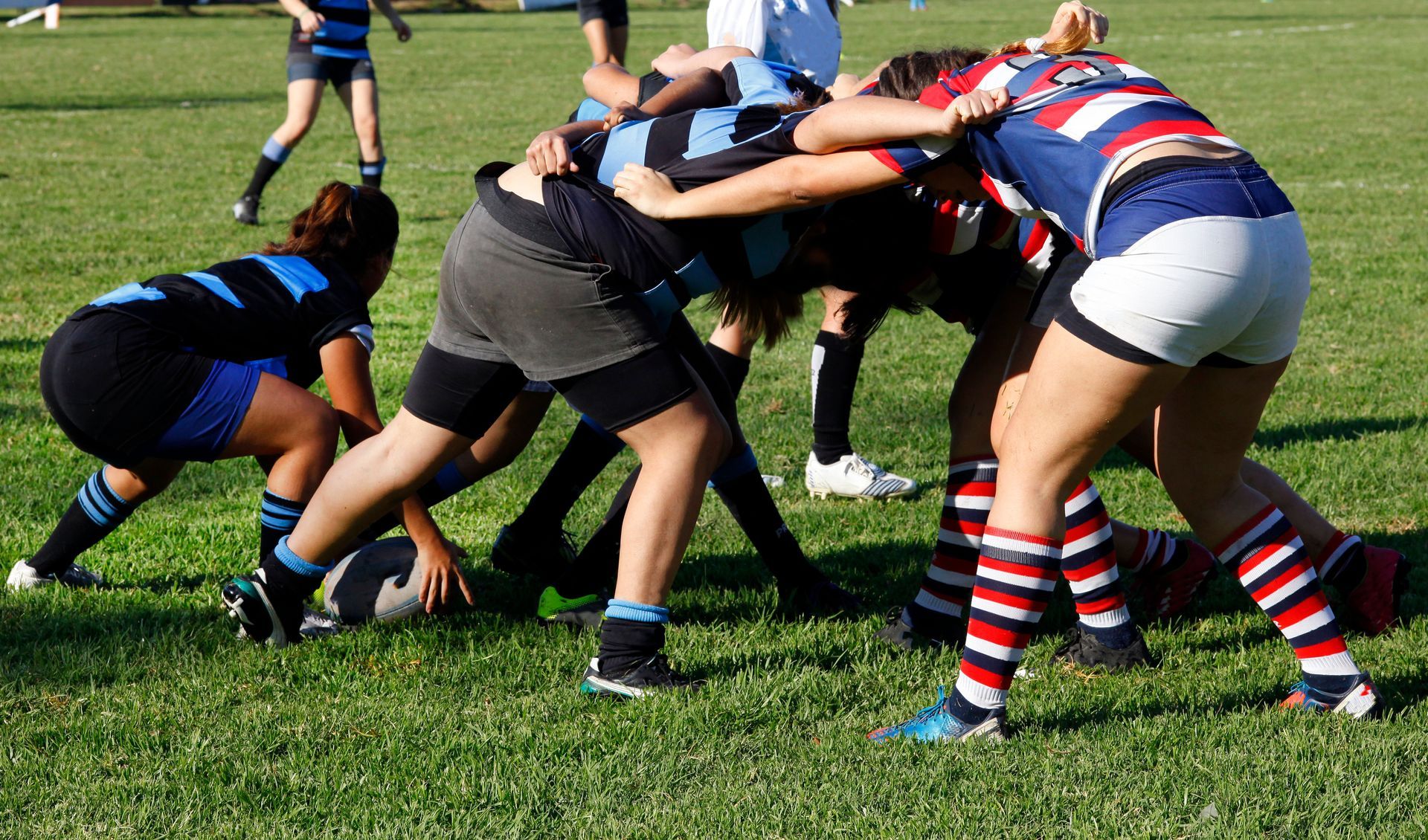 Des joueurs de rugby en maillots bleus et rouges forment une mêlée sur un terrain herbeux, concentrés sur le ballon.