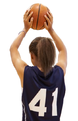 Joueur de basket-ball, les mains sur le ballon, prêt à tirer. Il porte un maillot bleu marine floqué du numéro 41.