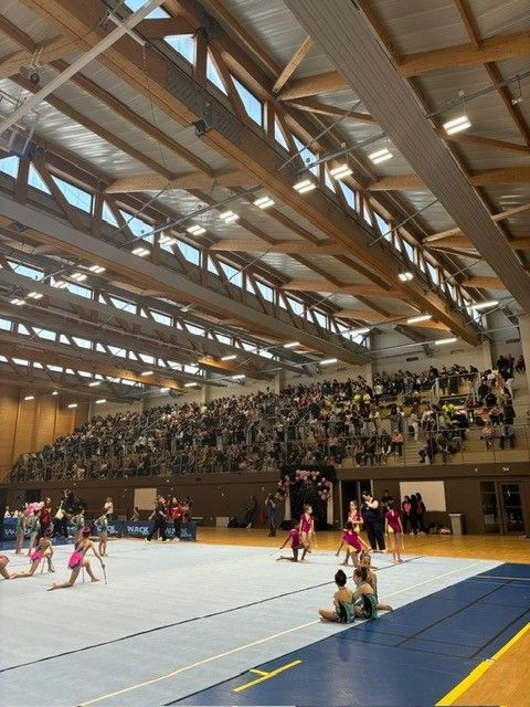 Compétition de gymnastique avec des athlètes sur des tapis, une foule nombreuse dans les gradins, en intérieur.