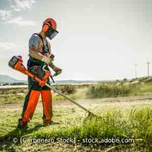 Ein Mann schneidet mit einem Rasenmäher Gras auf einem Feld. Karl Müller Garten- und Landschaftsbau