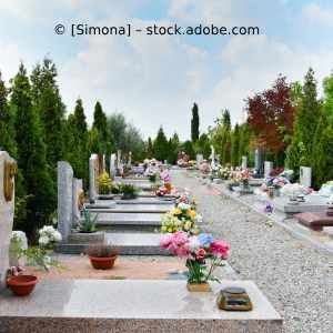 Ein Friedhof voller Gräber und Blumen an einem sonnigen Tag. Karl Müller Garten- und Landschaftsbau