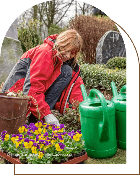 Eine Frau in einer roten Jacke gießt Blumen auf einem Friedhof. Karl Müller Garten- und Landschaftsbau