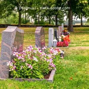 Ein Friedhof mit Gräbern und Blumen im Gras. Karl Müller Garten- und Landschaftsbau