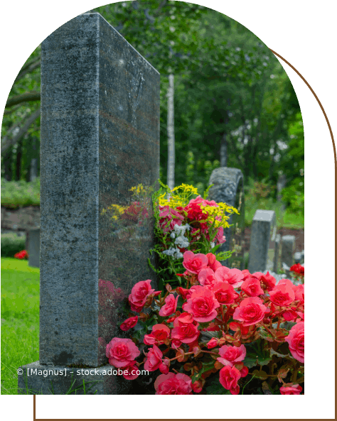 Ein Grabstein auf einem Friedhof, umgeben von rosa Blumen, Karl Müller Garten- und Landschaftsbau