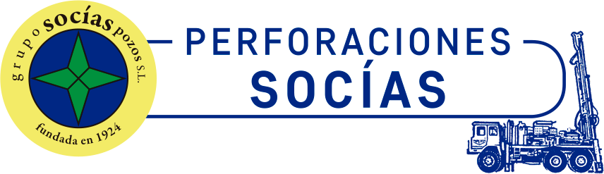 Un logotipo para perforaciones sociales con un camión azul al fondo.