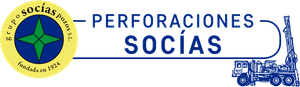 Un logotipo para perforaciones sociales con un camión azul al fondo.
