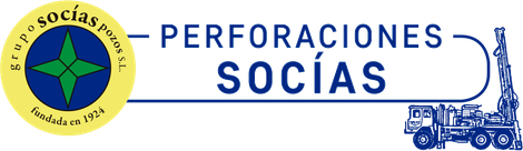 Un logotipo para perforaciones sociales con un camión azul al fondo.