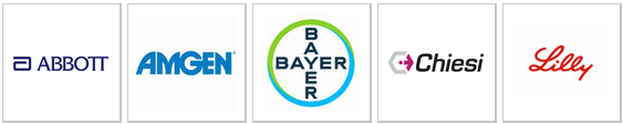 Mit freundlicher finanzieller Unterstützung von: Fünf Firmenlogos: Abbott, Amgen, Bayer, Chiesi und Lilly auf weißem Hintergrund