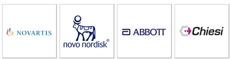 Mit freundlicher finanzieller Unterstützung von: Logos von Novartis, Novo Nordisk, Abbott und Chiesi auf weißem Hintergrund