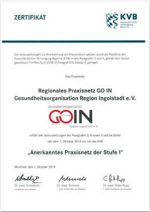KVB-Zertifikat GOIN_Anerkennung als anerkanntes Praixnetz der Stufe I